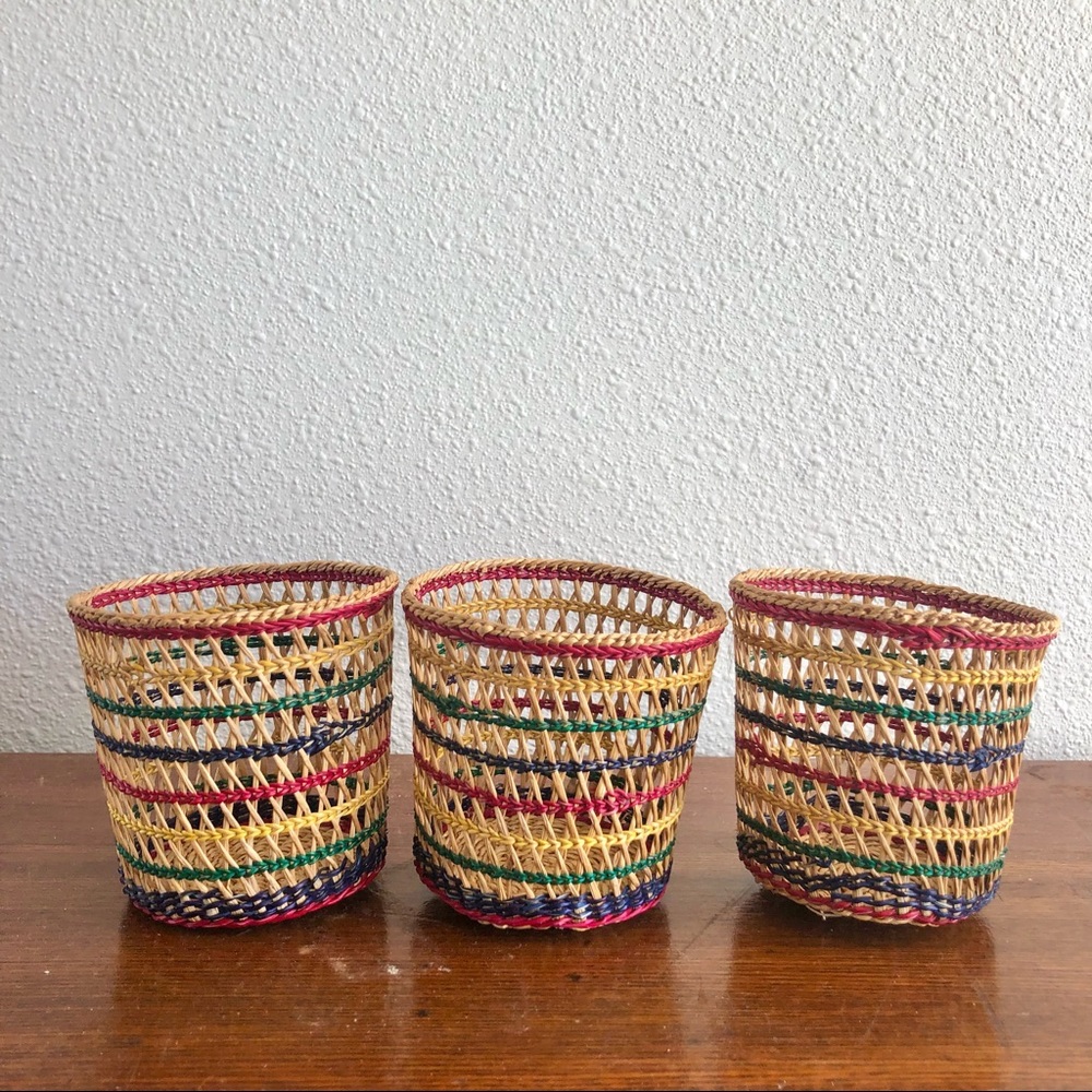 set of 3 colorful woven cup holders/mini baskets